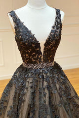 A Line Prom Dress Black V Neck Lace Long Evening Dress