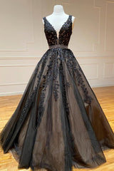 A Line Prom Dress Black V Neck Lace Long Evening Dress
