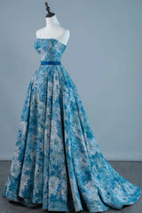 A Line Prom Dress Blue Satin Long Formal Gown Evening Dress