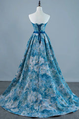 A Line Prom Dress Blue Satin Long Formal Gown Evening Dress