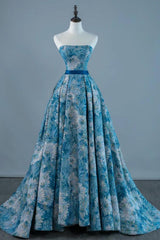 A Line Prom Dress Blue Satin Long Formal Gown Evening Dress