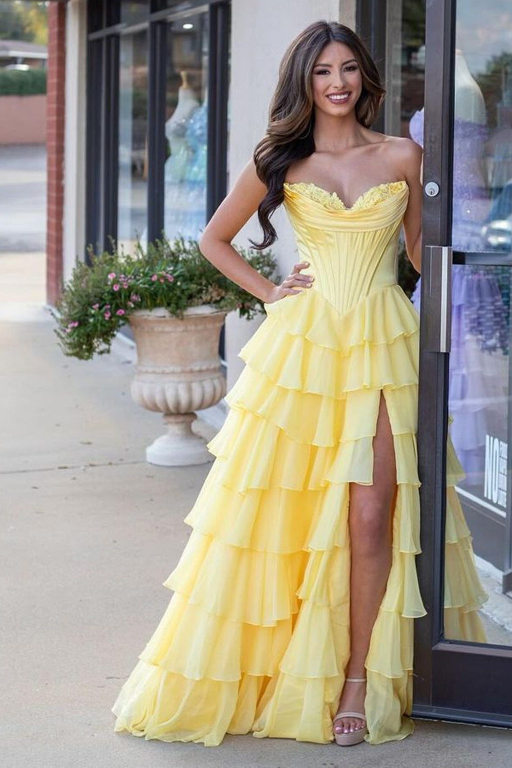 A Line Prom Dress Blue Strapless Tiered Corset Long Evening Dress