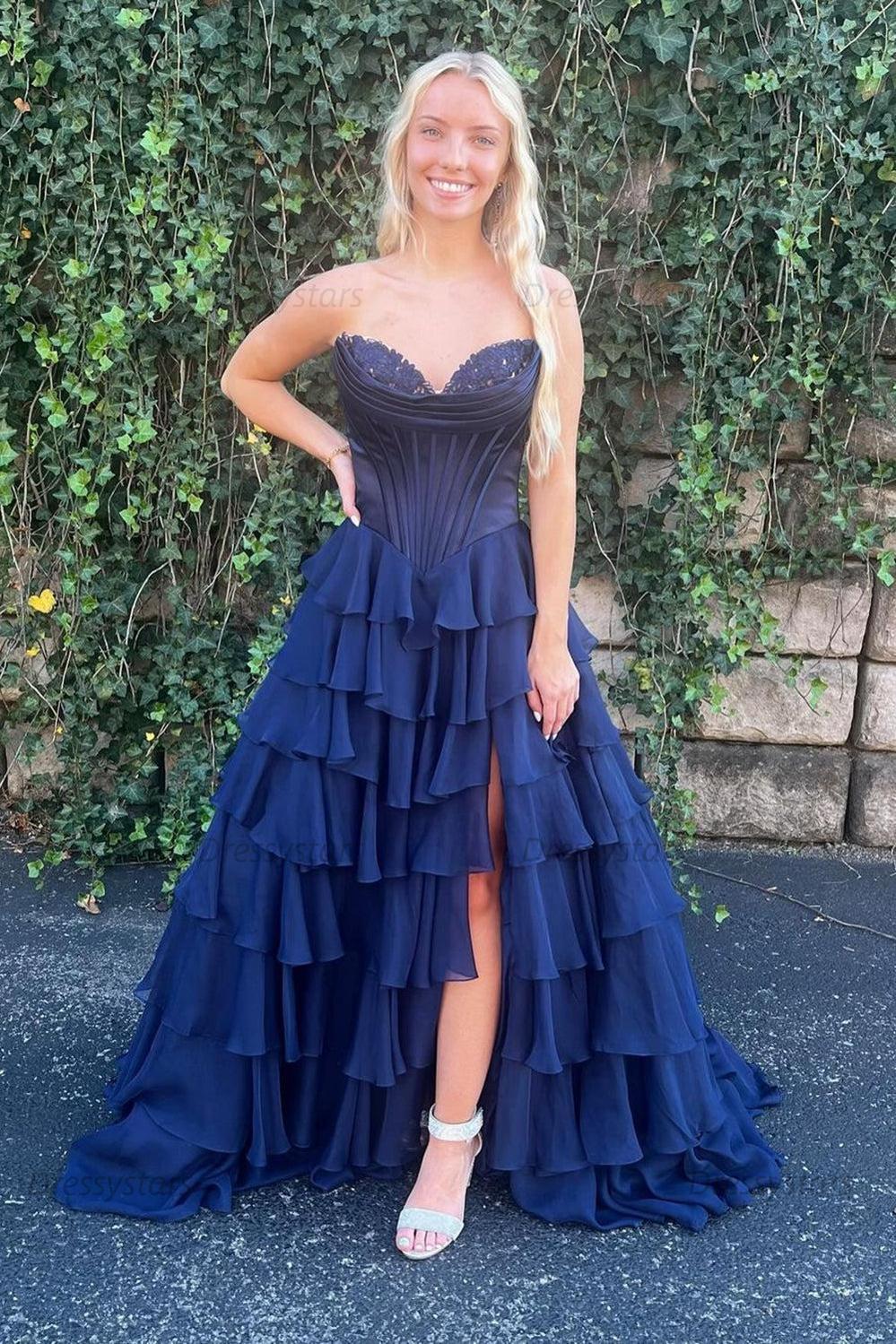 Dressystars A Line Prom Dress Blue Strapless Tiered Corset Long Evening Dress Dressystars A Line Prom Dress Blue Strapless Tiered Corset Long Evening Dress