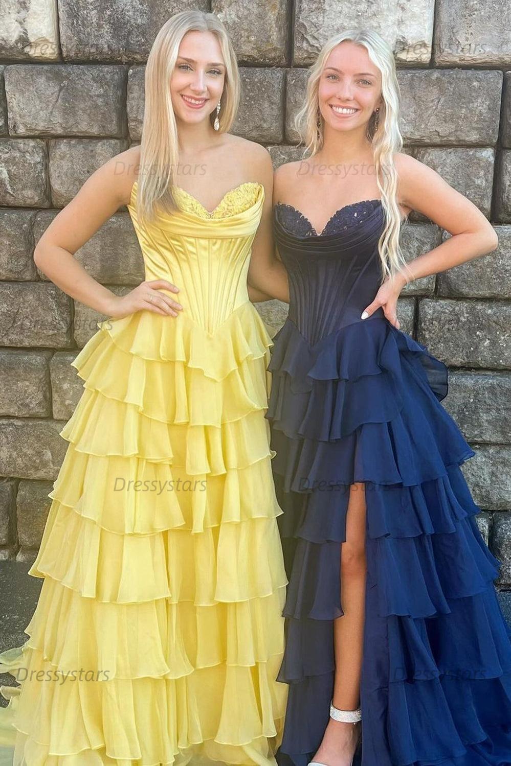 Dressystars A Line Prom Dress Blue Strapless Tiered Corset Long Evening Dress Dressystars A Line Prom Dress Blue Strapless Tiered Corset Long Evening Dress