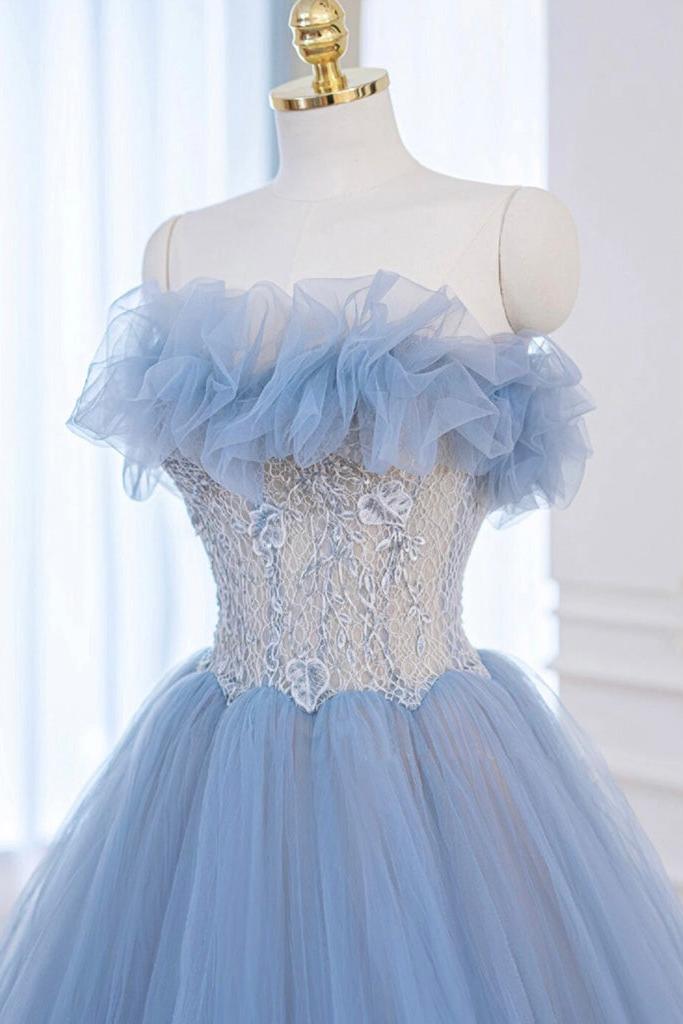 A Line Prom Dress Blue Tulle Lace Long Formal Gown Evening Dress