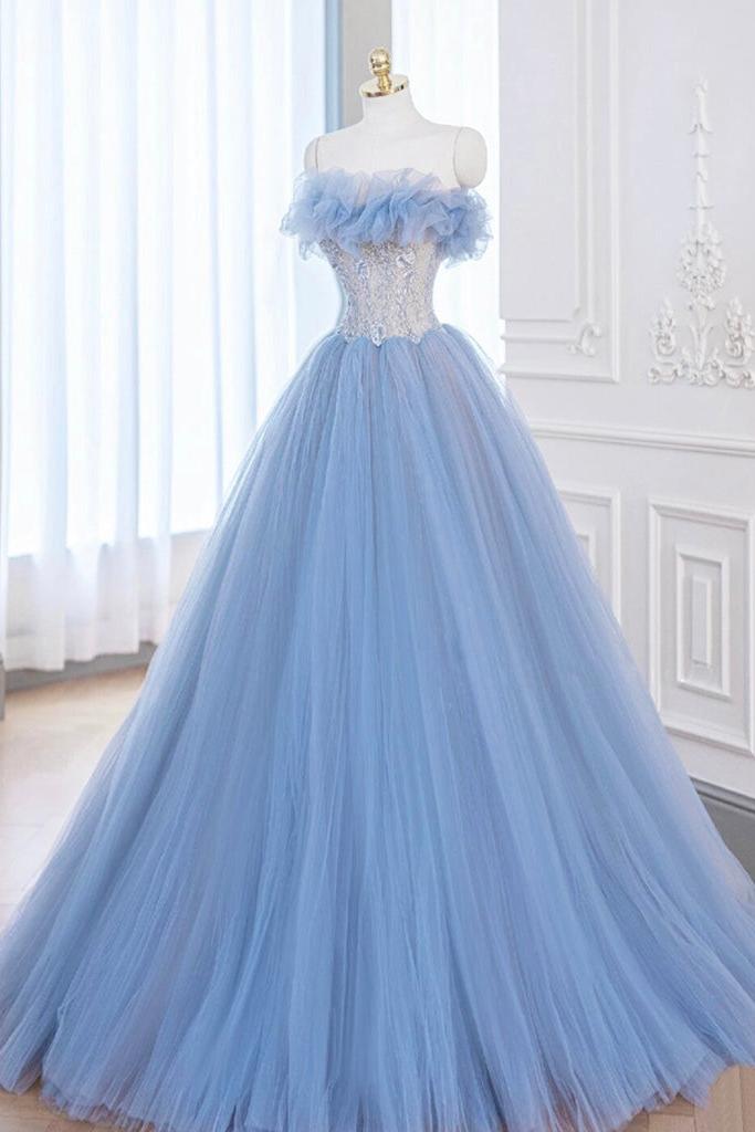 A Line Prom Dress Blue Tulle Lace Long Formal Gown Evening Dress