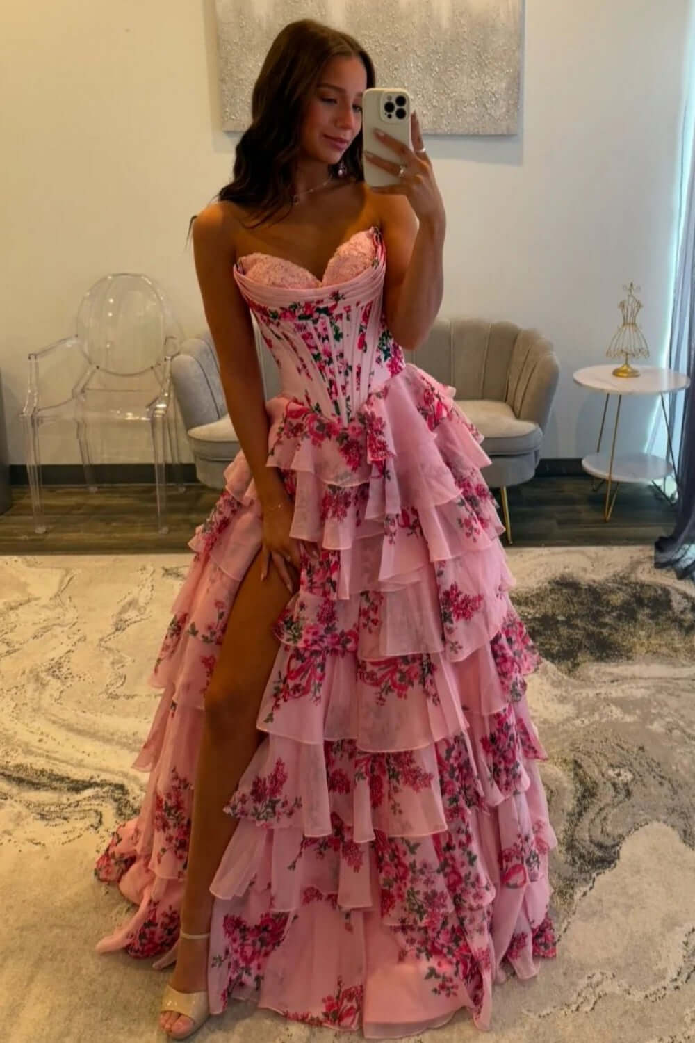 A Line Prom Dress Blush Sweetheart Corset Floral Tiered Long Evening Dress
