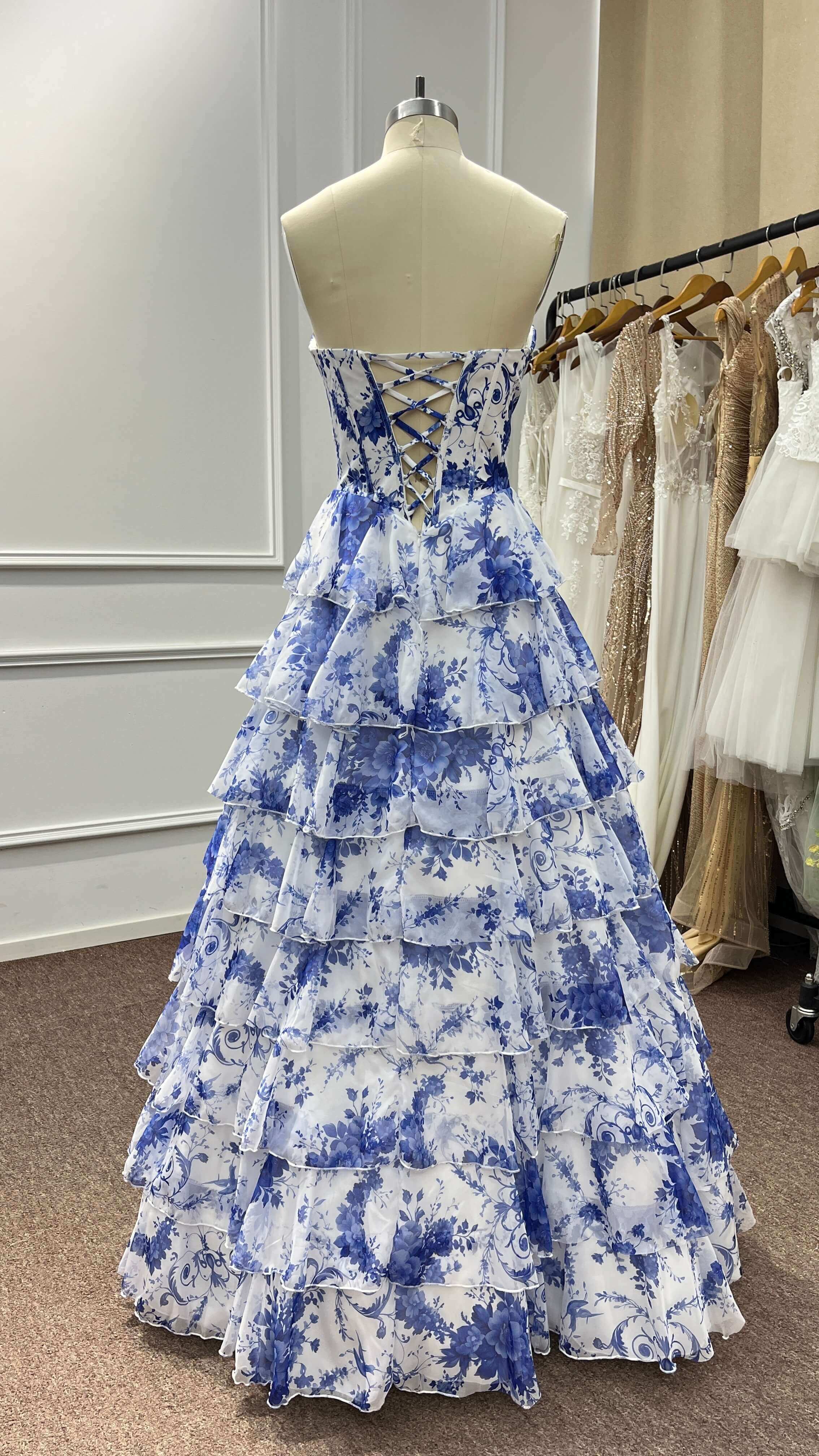 A Line Prom Dress Blush Sweetheart Corset Floral Tiered Long Evening Dress