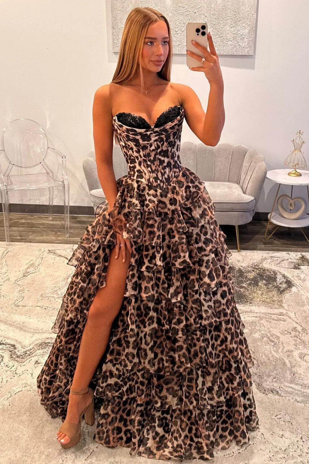 A Line Prom Dress Blush Sweetheart Corset Floral Tiered Long Evening Dress