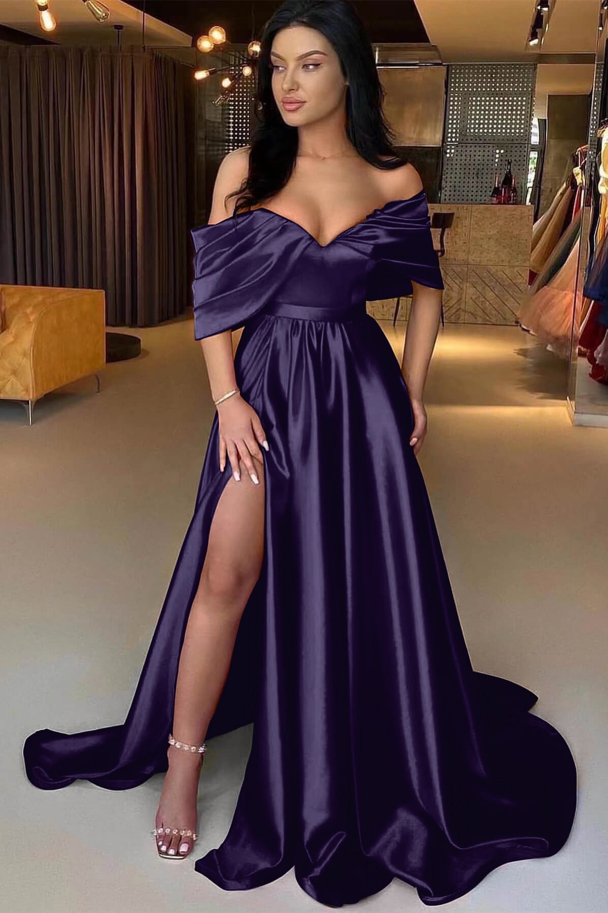 A Line Prom Dress Cap Sleeve Off the Shoulder Satin Formal Dress