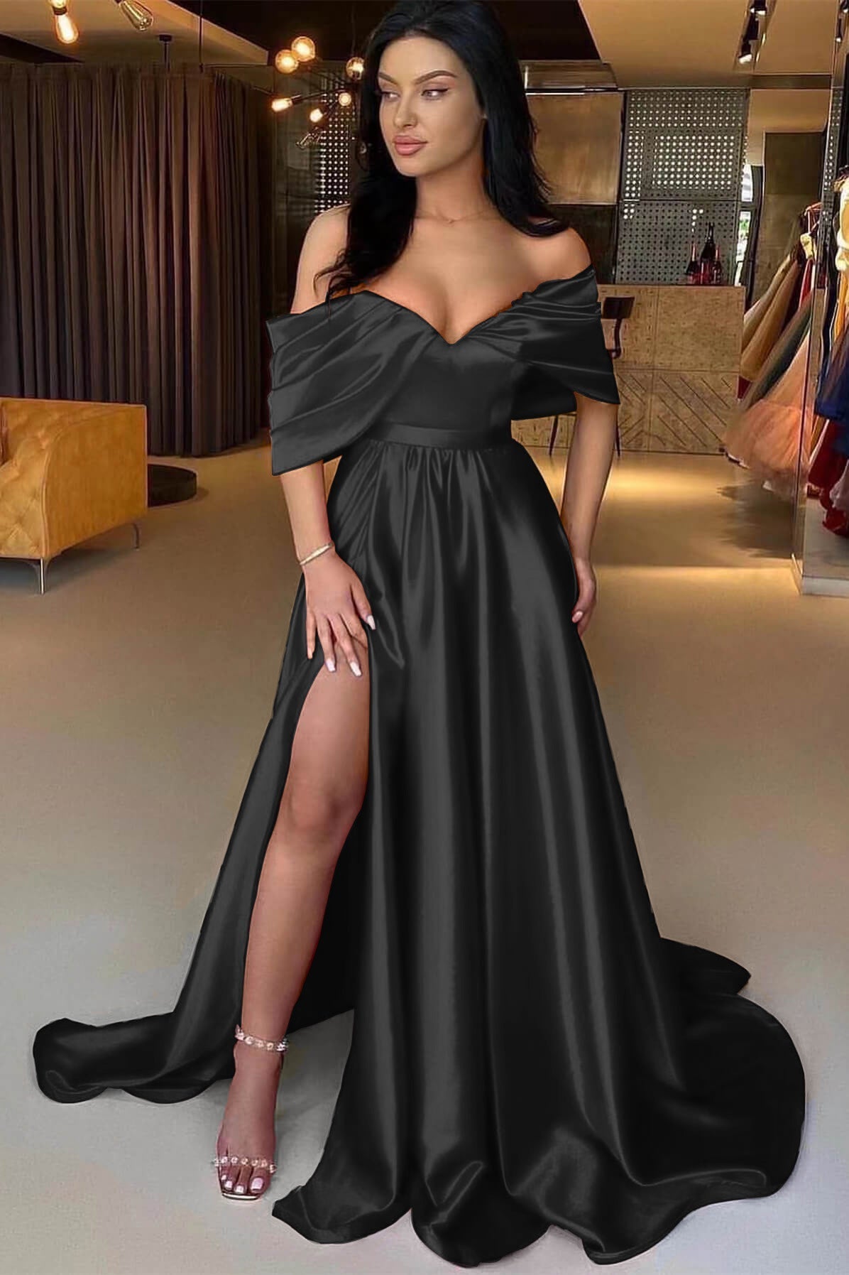 A Line Prom Dress Cap Sleeve Off the Shoulder Satin Formal Dress