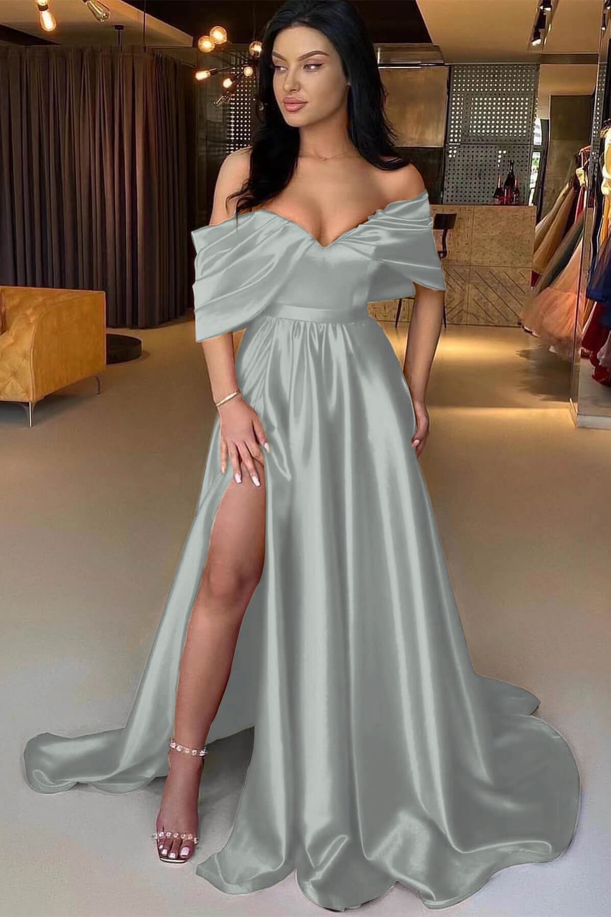 A Line Prom Dress Cap Sleeve Off the Shoulder Satin Formal Dress