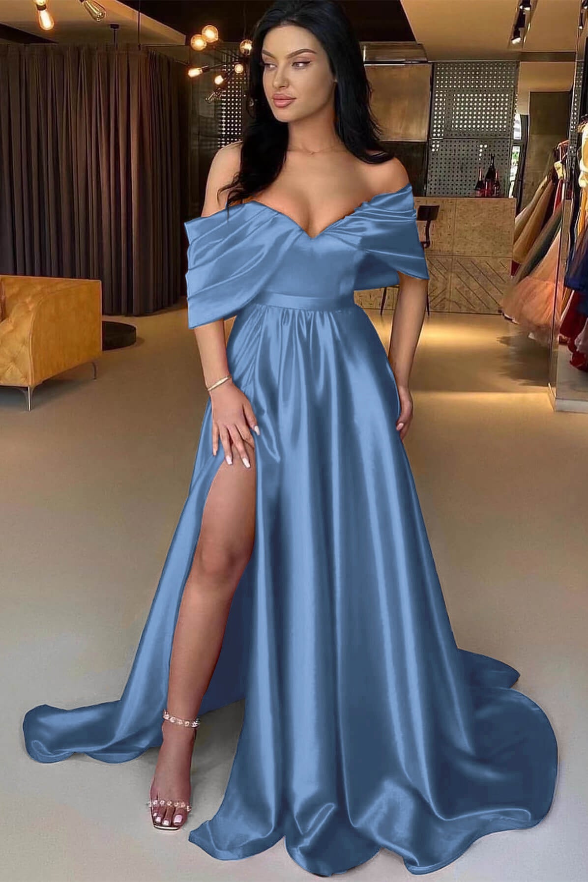 A Line Prom Dress Cap Sleeve Off the Shoulder Satin Formal Dress