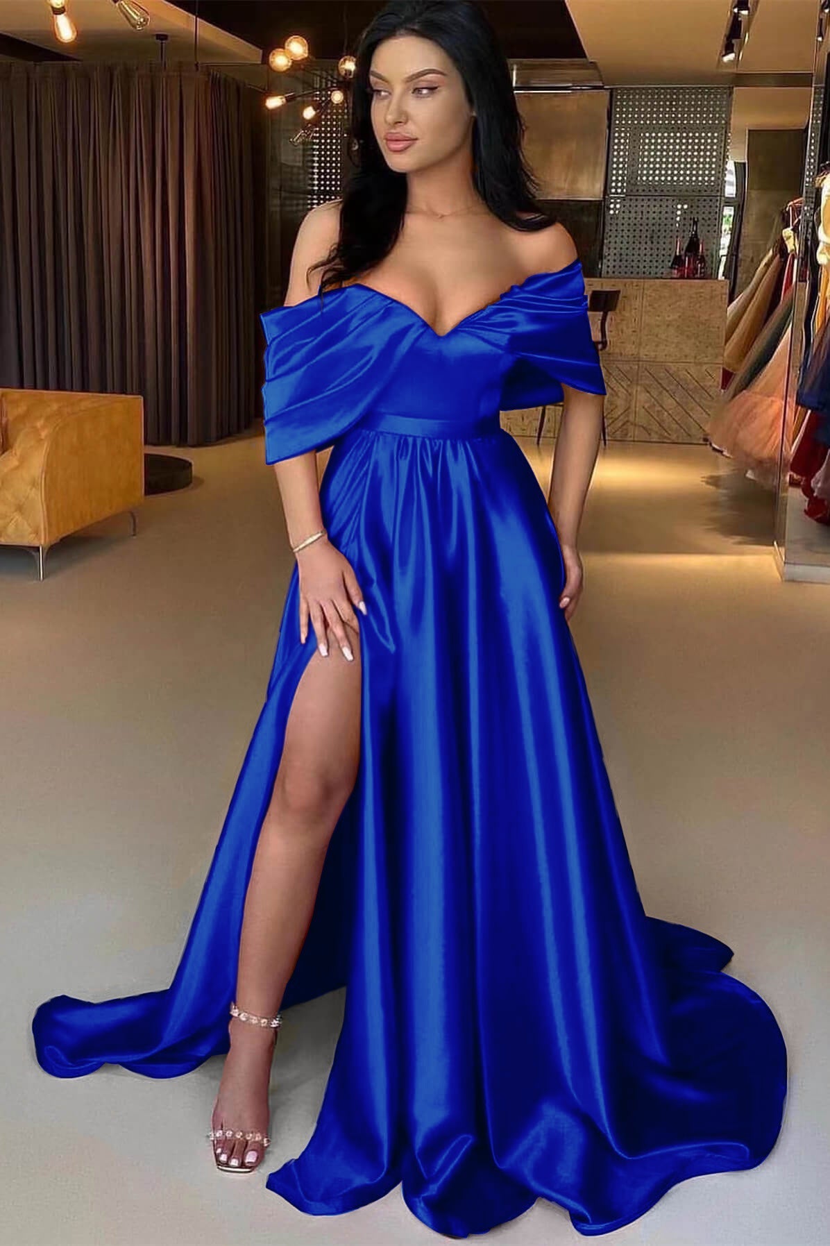 A Line Prom Dress Cap Sleeve Off the Shoulder Satin Formal Dress