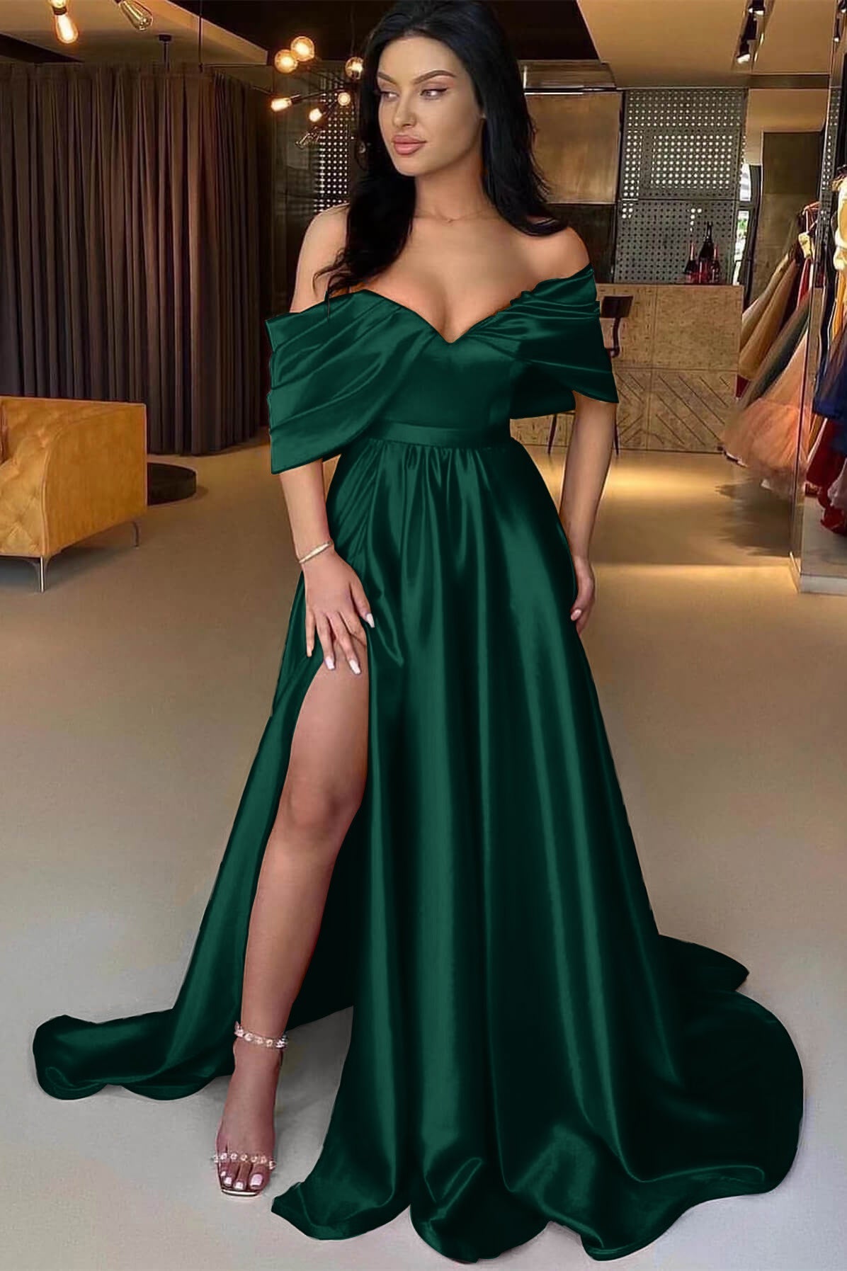 A Line Prom Dress Cap Sleeve Off the Shoulder Satin Formal Dress
