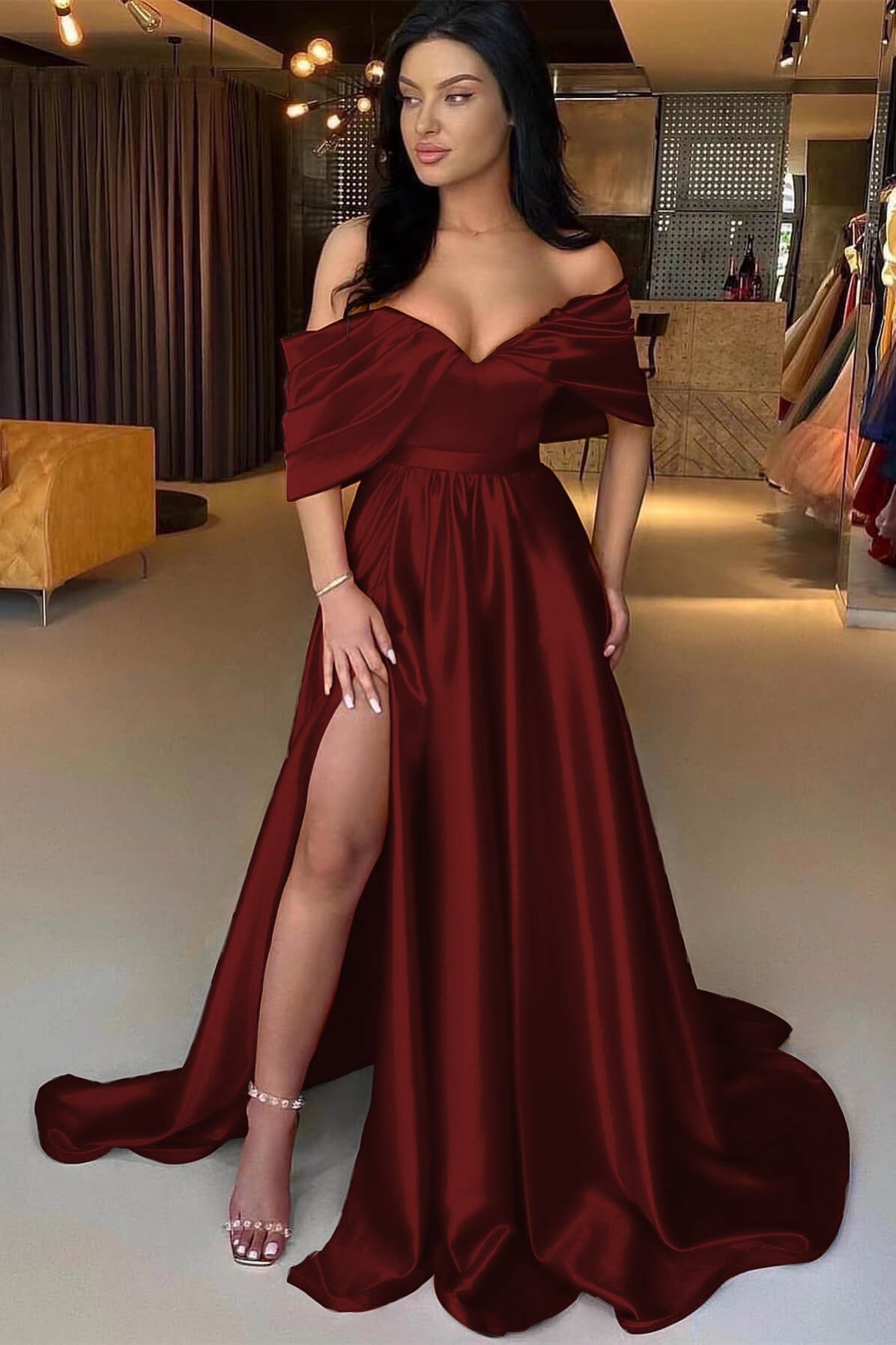 A Line Prom Dress Cap Sleeve Off the Shoulder Satin Formal Dress
