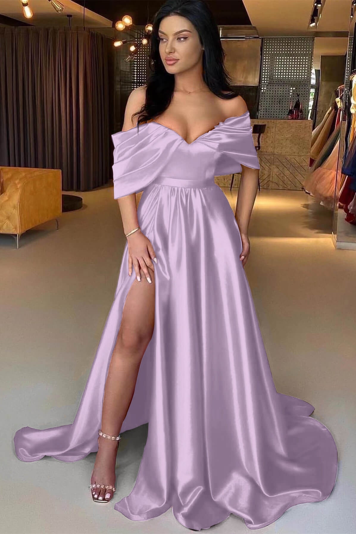 A Line Prom Dress Cap Sleeve Off the Shoulder Satin Formal Dress