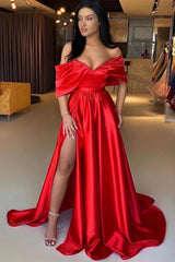 A Line Prom Dress Cap Sleeve Off the Shoulder Satin Formal Dress
