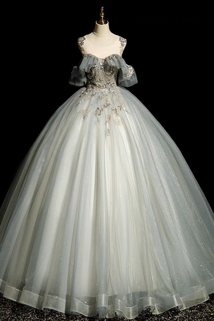A Line Prom Dress Crew Neck Tulle Gray Blue Long Sequin Lace Evening Dress