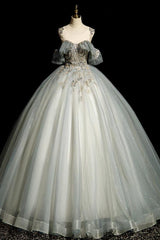 A Line Prom Dress Crew Neck Tulle Gray Blue Long Sequin Lace Evening Dress