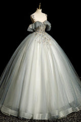 A Line Prom Dress Crew Neck Tulle Gray Blue Long Sequin Lace Evening Dress