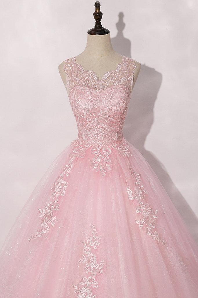 A Line Prom Dress Crew Neck Tulle Lace Pink Long Formal Dress Evening Dress