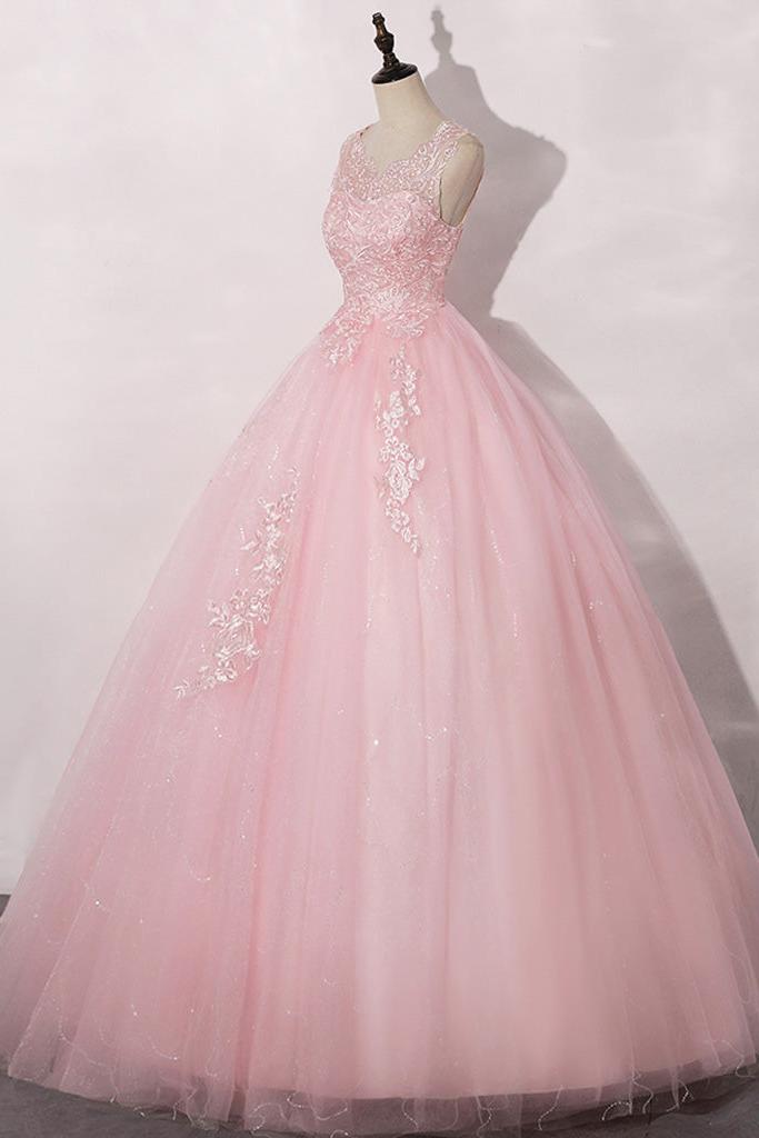 A Line Prom Dress Crew Neck Tulle Lace Pink Long Formal Dress Evening Dress