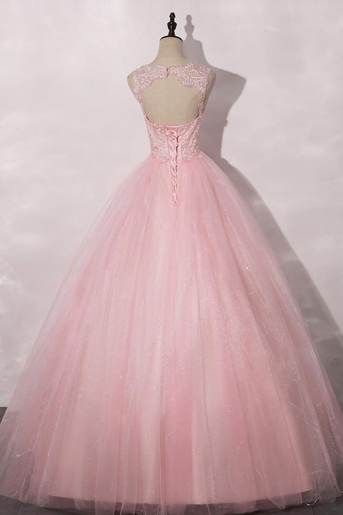 A Line Prom Dress Crew Neck Tulle Lace Pink Long Formal Dress Evening Dress