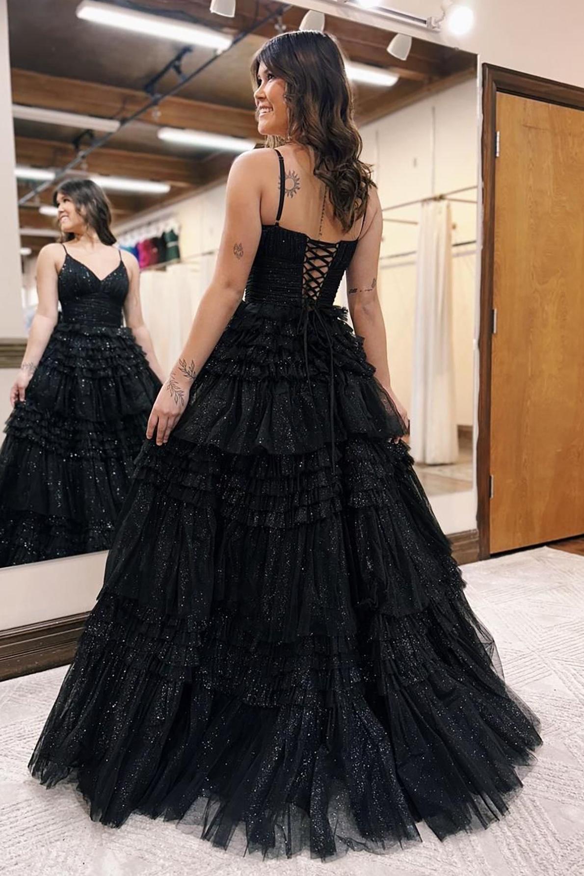 A Line Prom Dress Deep V Neck Tiered Long Glitter Tulle Evening Dress