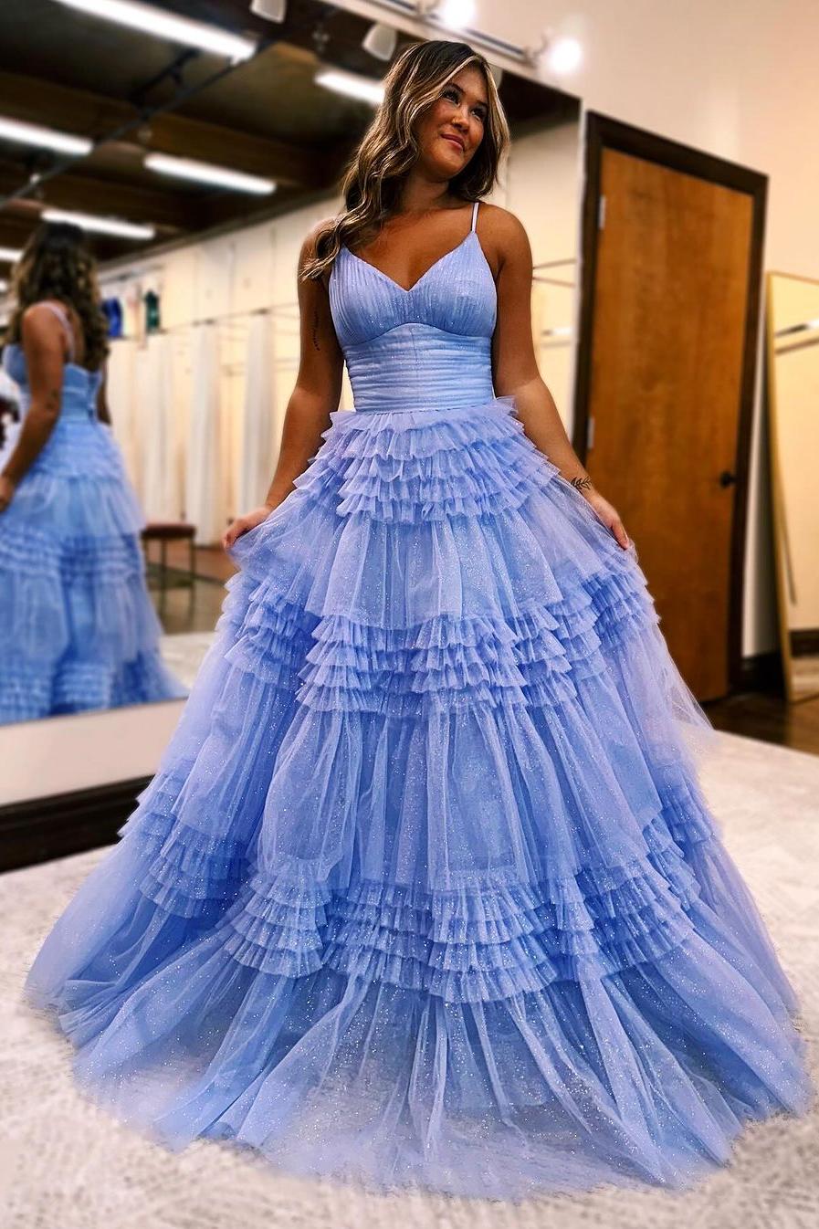 A Line Prom Dress Deep V Neck Tiered Long Glitter Tulle Evening Dress