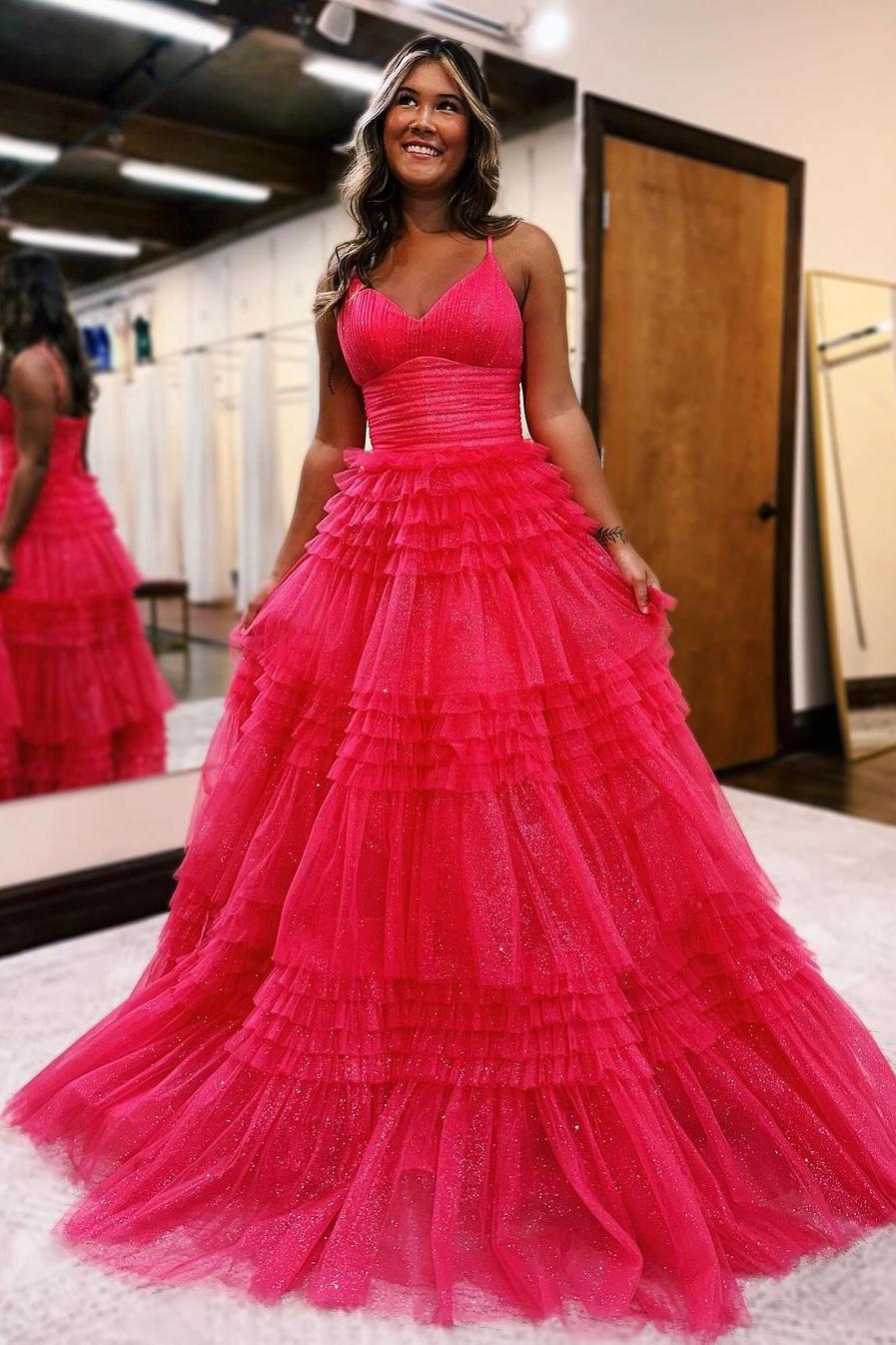 A Line Prom Dress Deep V Neck Tiered Long Glitter Tulle Evening Dress