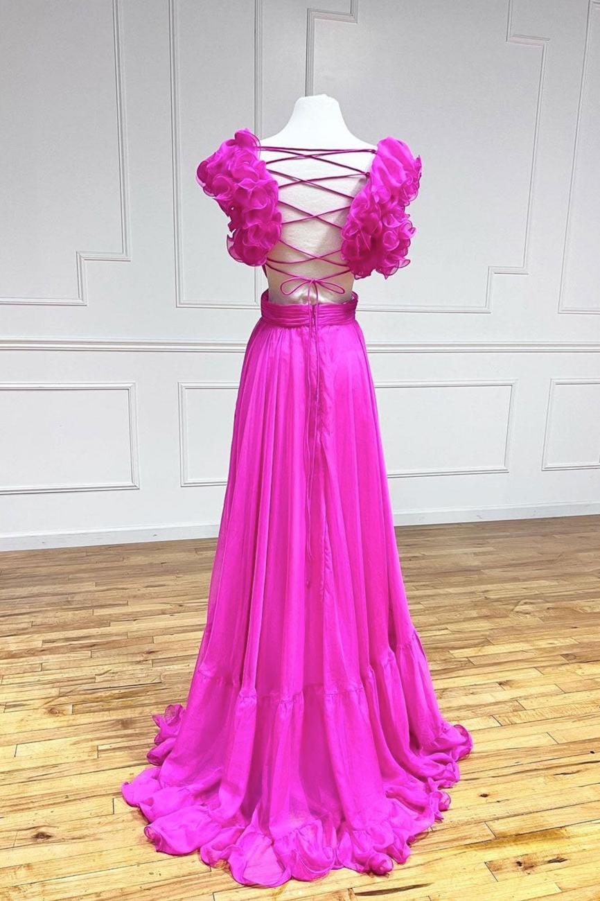 A Line Prom Dress Fuchsia Long Backless Formal Dress Evening Dress
