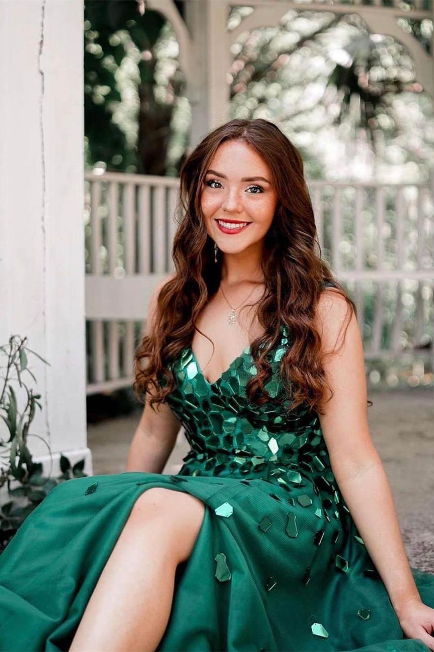 A Line Prom Dress Green V Neck Sequin Long Evening Dress