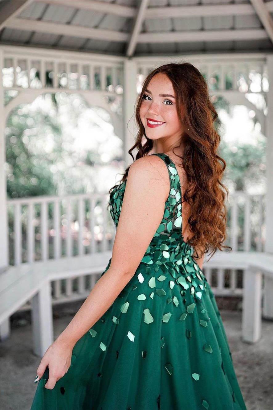 A Line Prom Dress Green V Neck Sequin Long Evening Dress