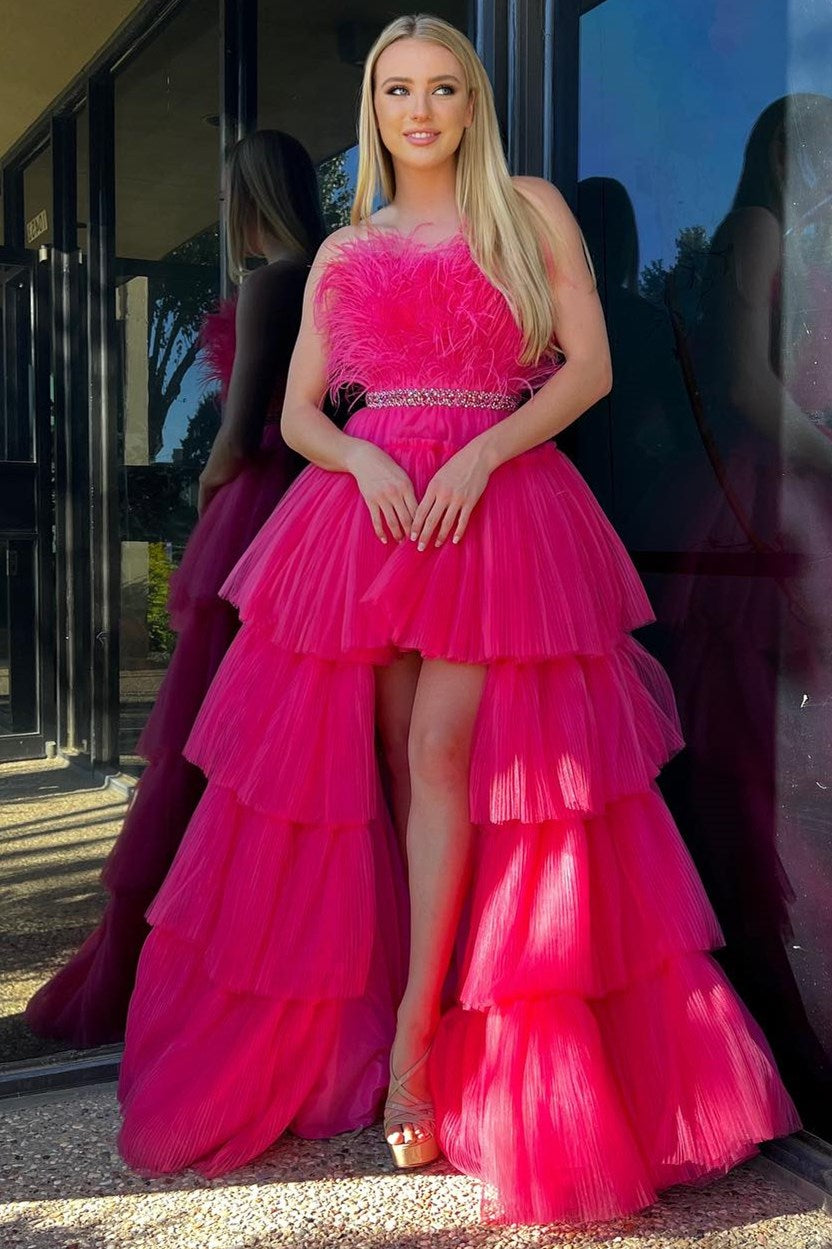 A Line Prom Dress High Low Strapless Ruffled Tulle Evening Dress with Feathers