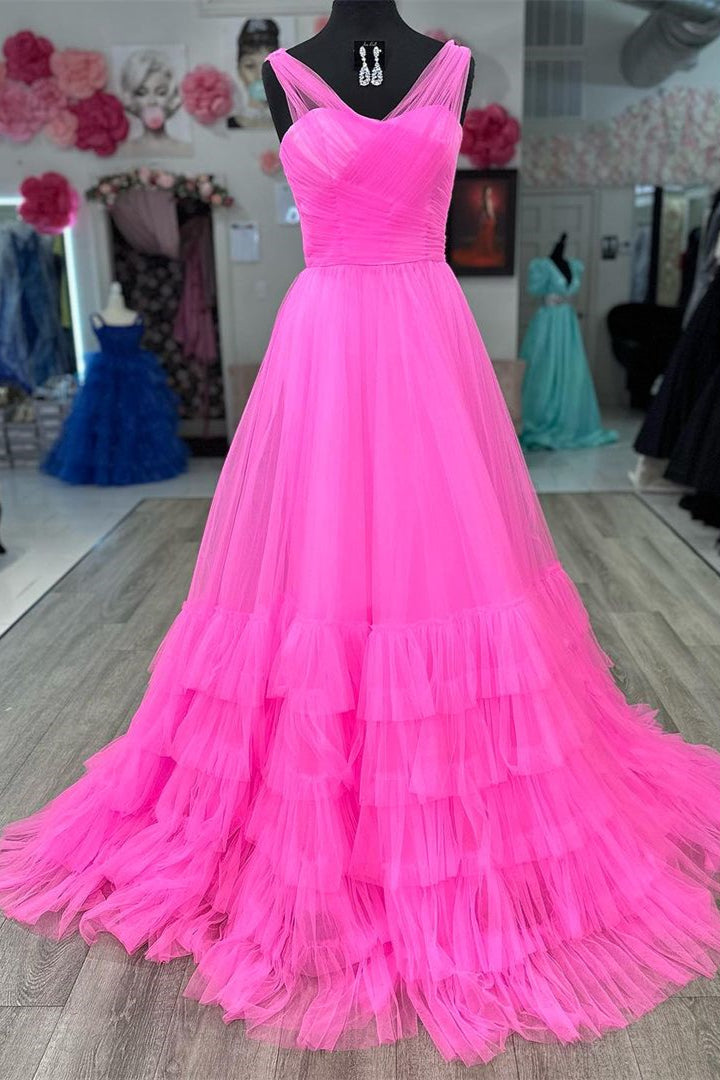 A Line Prom Dress Illusion V Neck Tulle Evening Dress