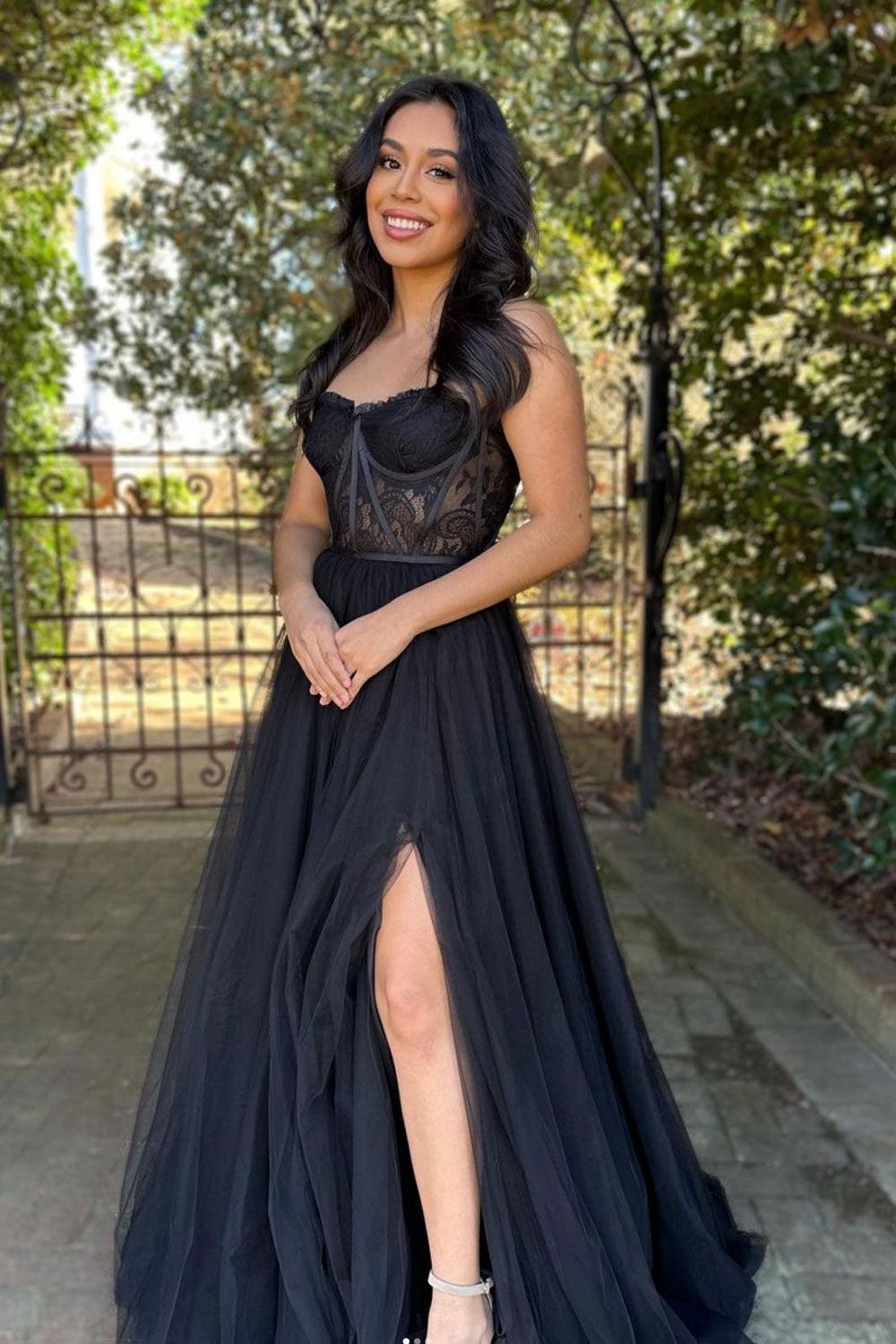 A Line Prom Dress Lace Tulle Red Long Formal Evening Dress