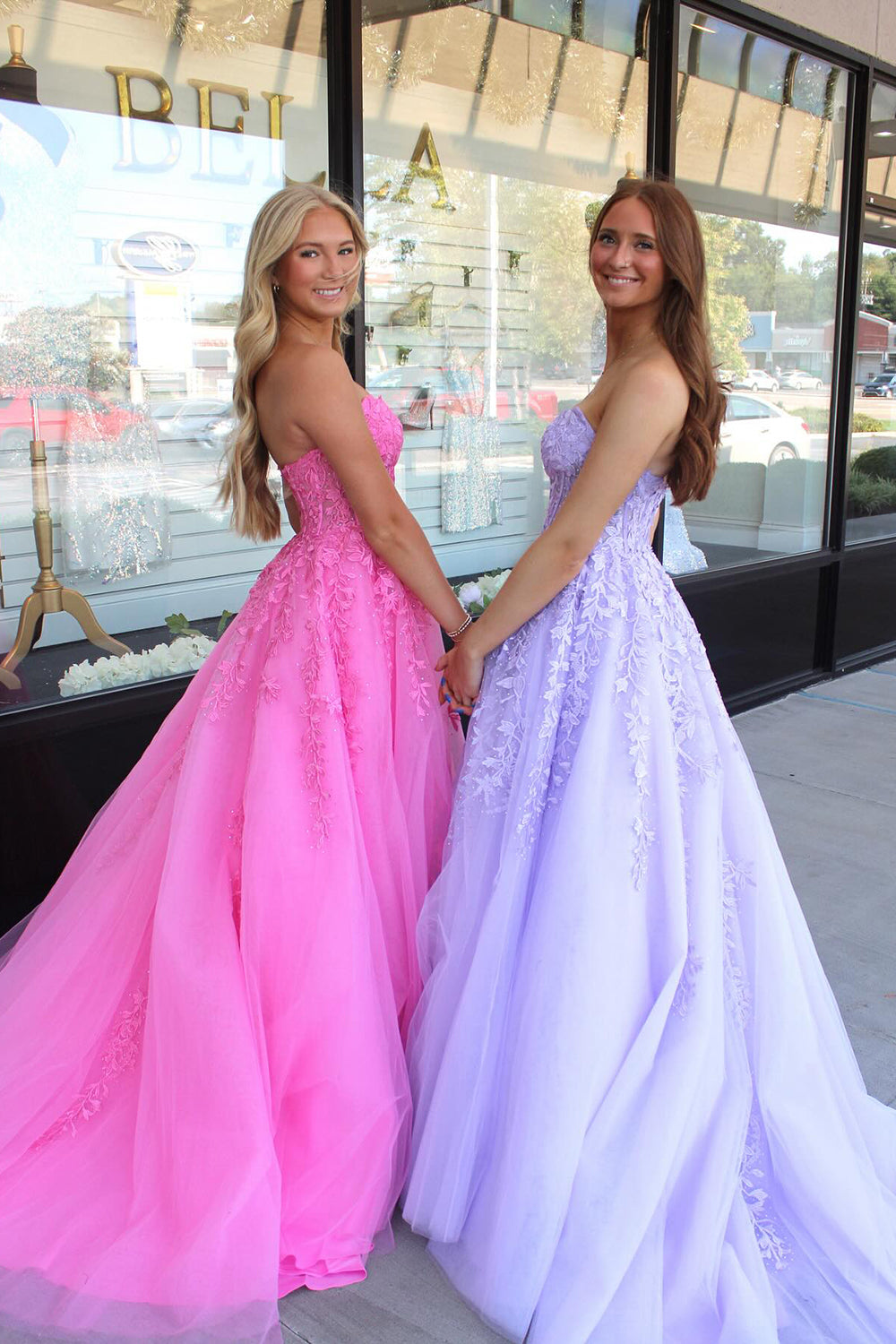 A Line Prom Dress Lilac Strapless Corset Tulle Long Evening Dress with Appliques