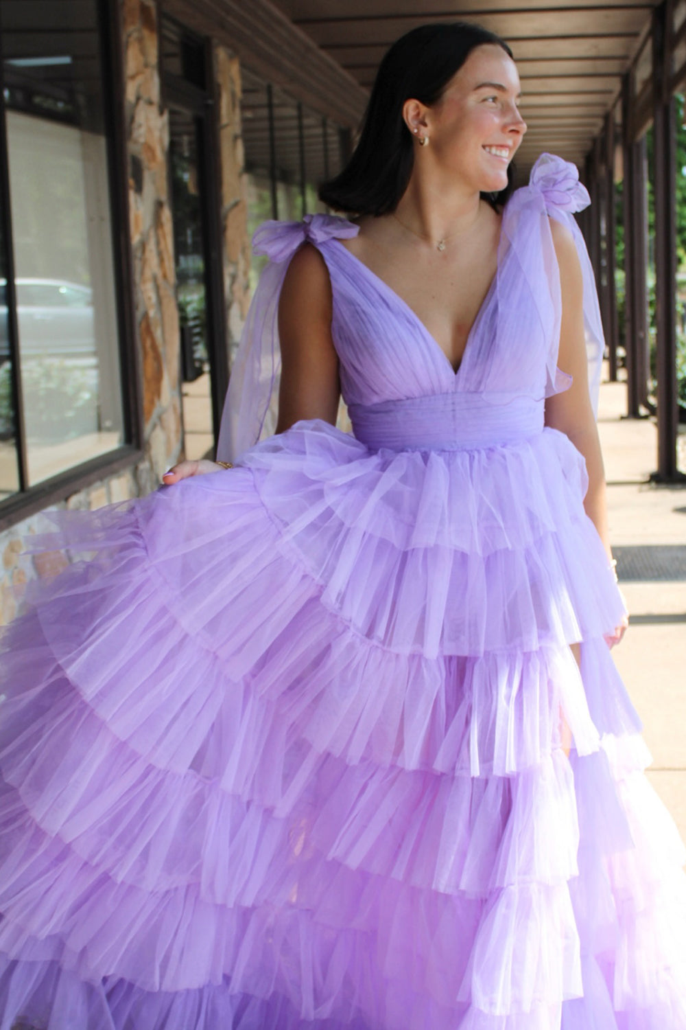 A Line Prom Dress Lilac V Neck Tiered Tulle Long Evening Dress with Slit