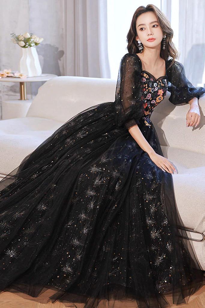 A Line Prom Dress Long Sleeves Tulle Lace Black Formal Evening Dress