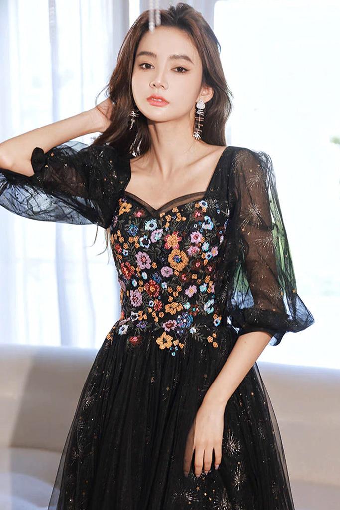 A Line Prom Dress Long Sleeves Tulle Lace Black Formal Evening Dress
