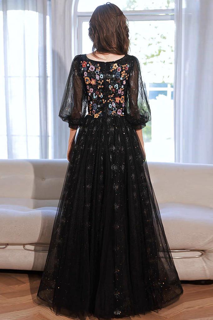 A Line Prom Dress Long Sleeves Tulle Lace Black Formal Evening Dress