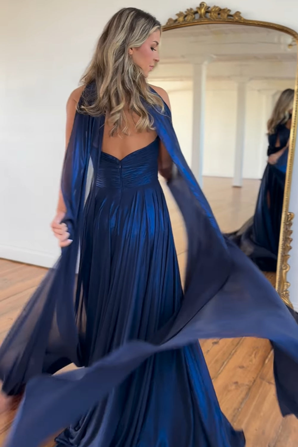 A Line Prom Dress Navy Halter Satin Pleated Long Evening Dress with Flower