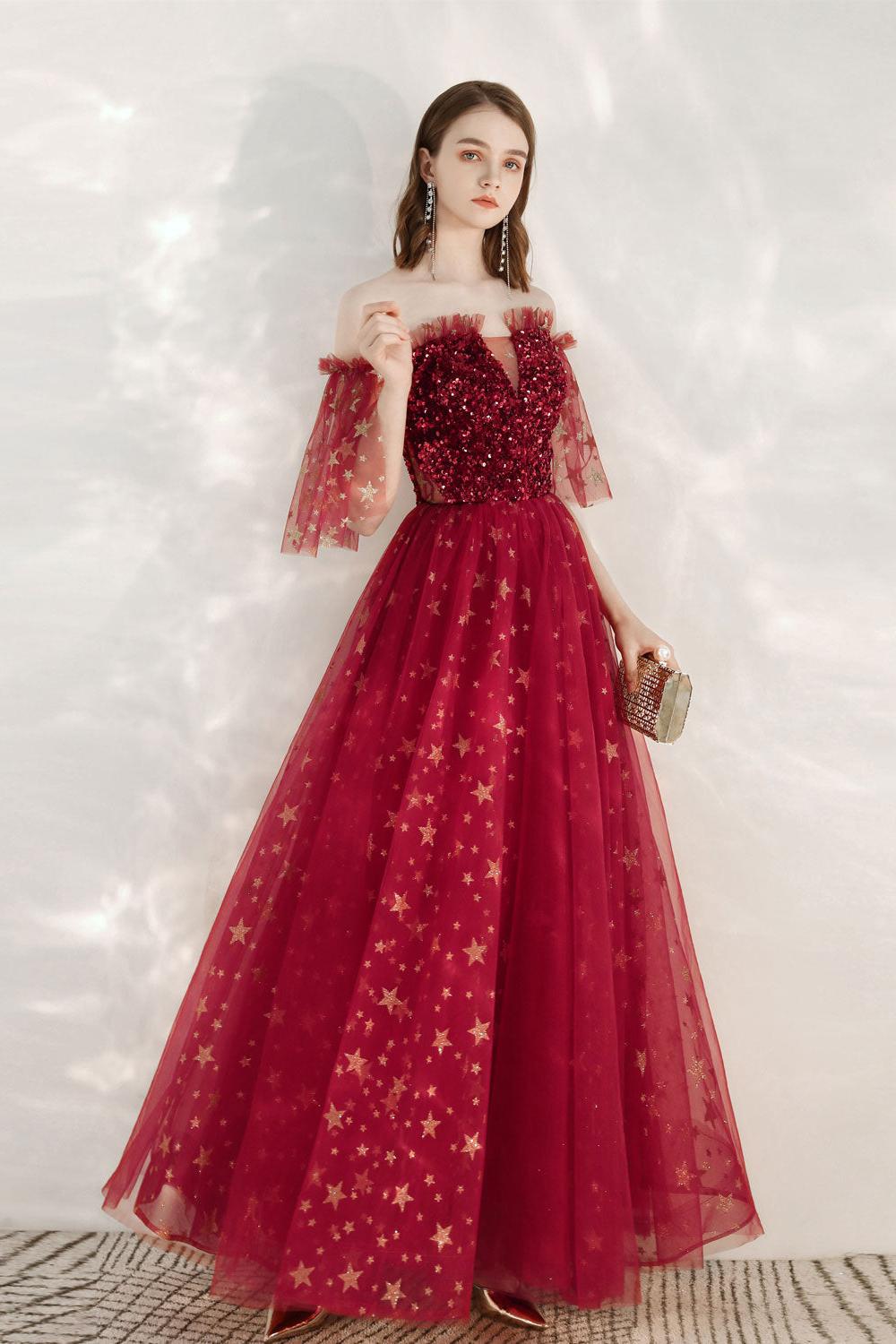 A Line Prom Dress Off the Shoulder Burgundy Long Formal Evening Dress