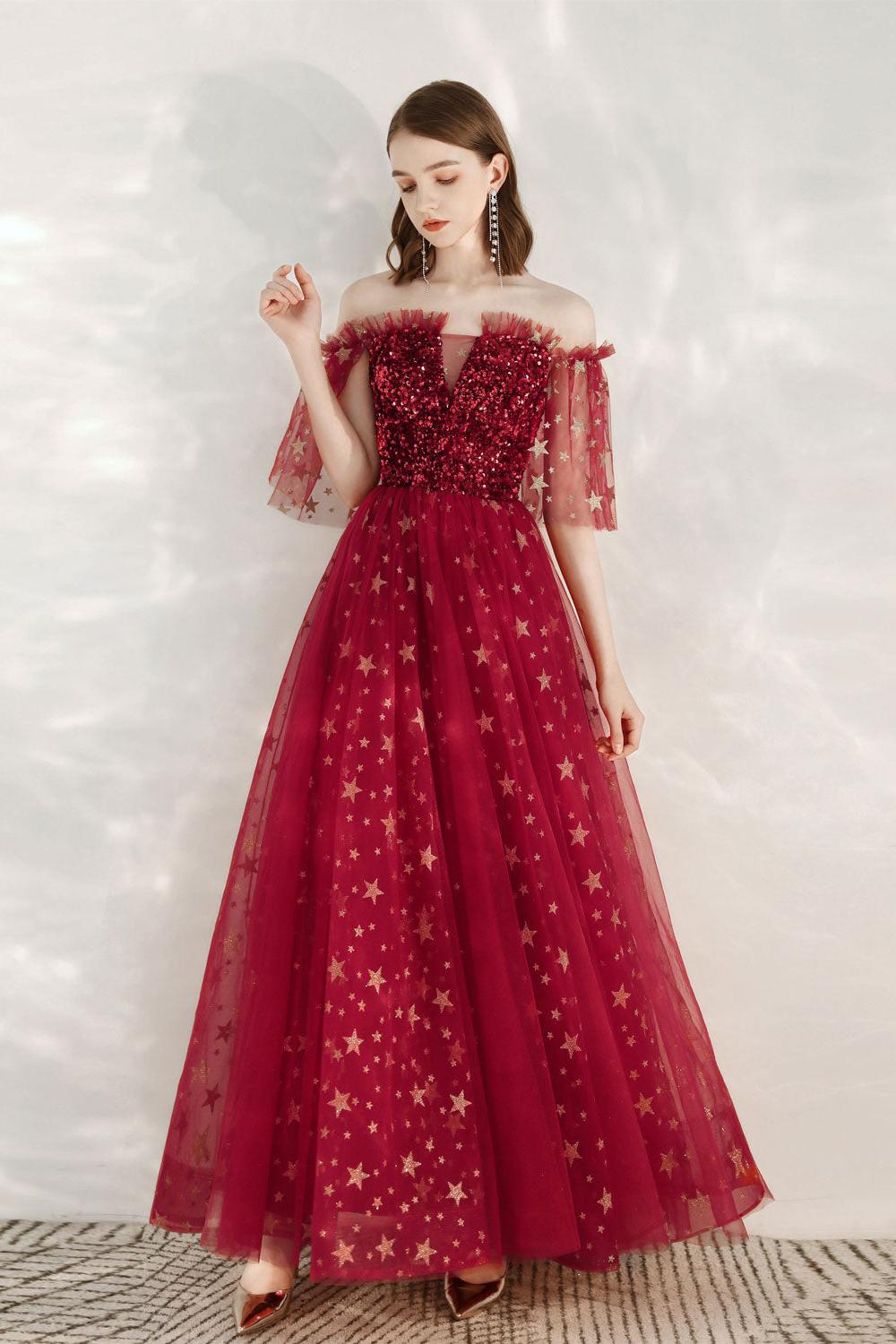 A Line Prom Dress Off the Shoulder Burgundy Long Formal Evening Dress
