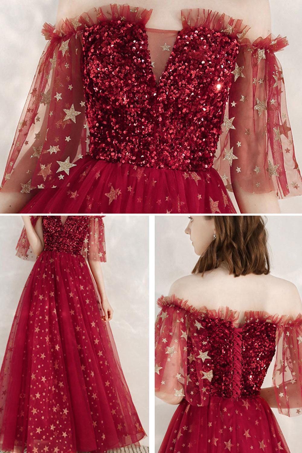 A Line Prom Dress Off the Shoulder Burgundy Long Formal Evening Dress