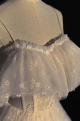 A Line Prom Dress Off the Shoulder Champagne Tulle Long Evening Gown Evening Dress