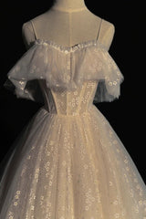 A Line Prom Dress Off the Shoulder Champagne Tulle Long Evening Gown Evening Dress
