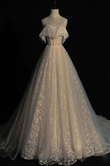 A Line Prom Dress Off the Shoulder Champagne Tulle Long Evening Gown Evening Dress