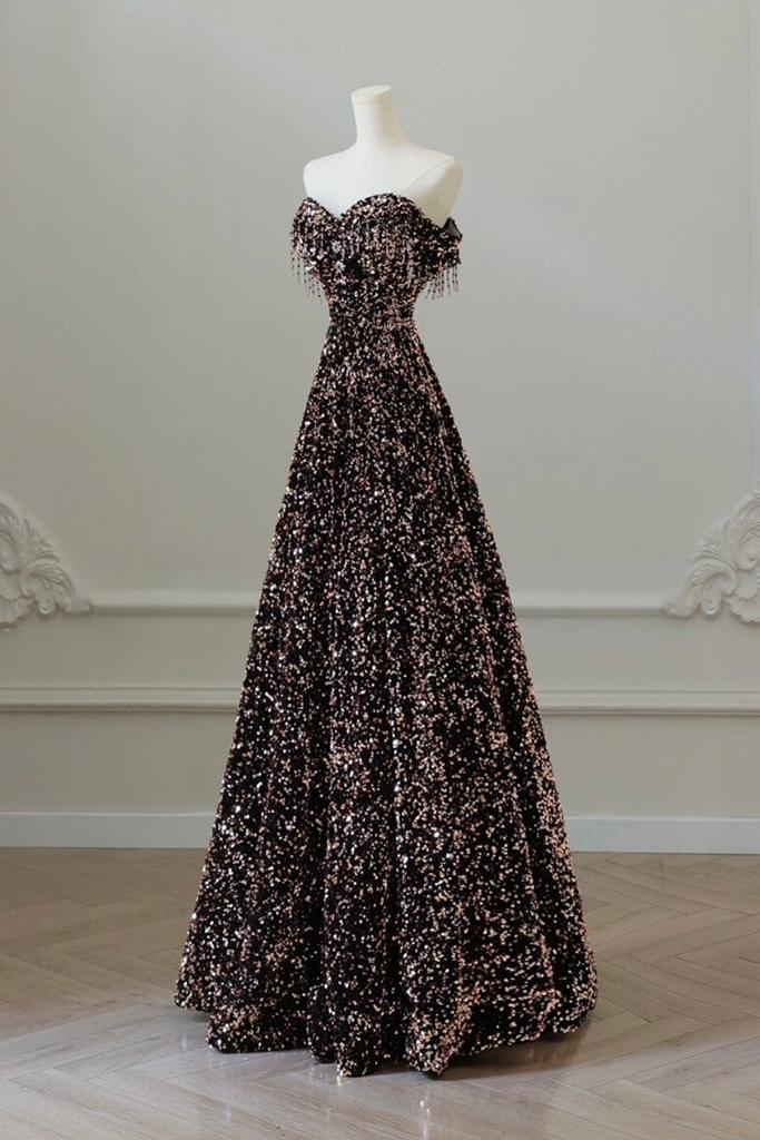A Line Prom Dress Off the Shoulder Coffee Gold Sequin Long Formal Dress Evening Dress